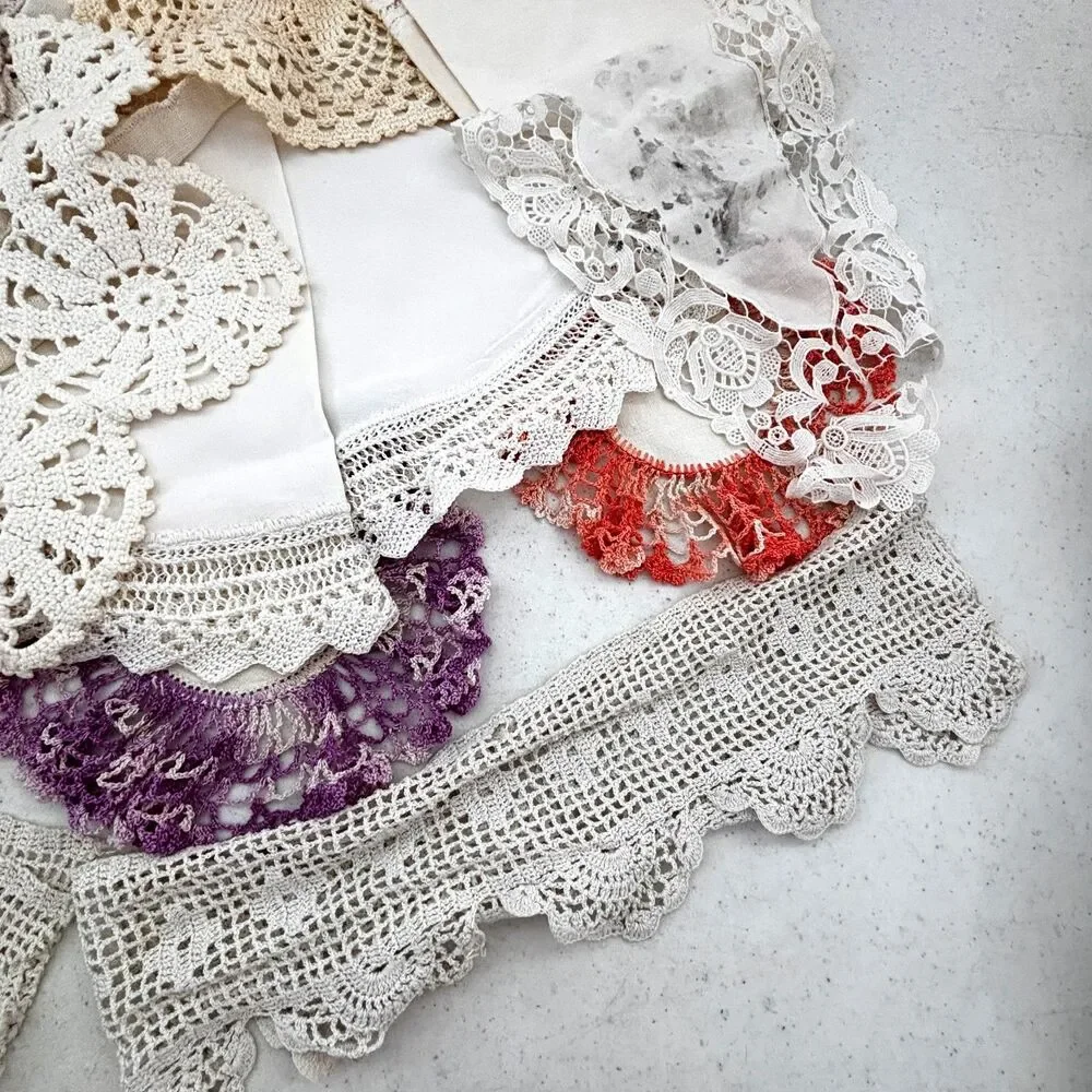 Vintage Cutter Linen Lot Doilies Eyelet Crochet Cottagecore Crafts Sewing